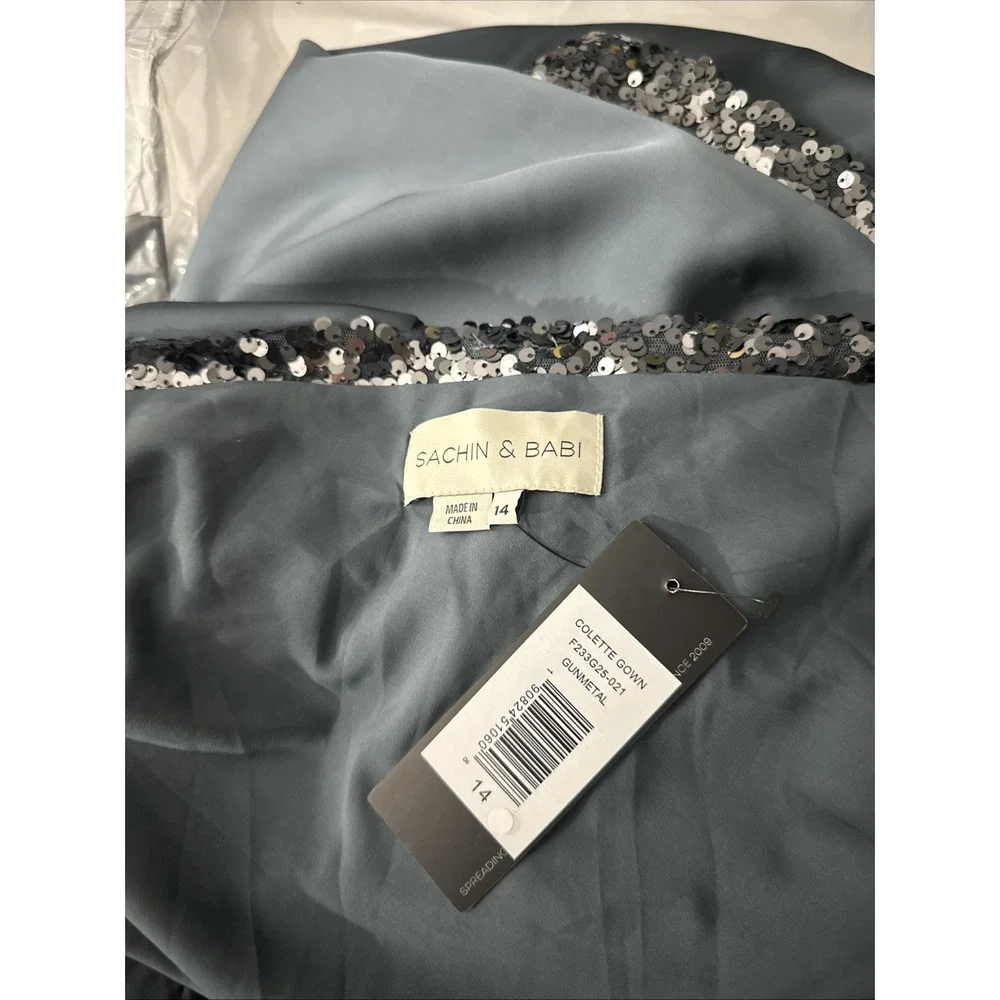 NWT $950 Sachin & Babi [ 14 ] Colette Belted‎ Sequin & Satin Gown Gunmetal J1549